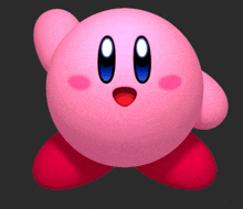 a pink kirby with a red nose and blue eyes