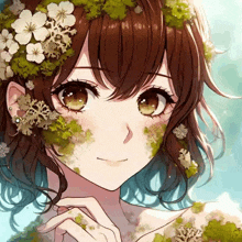 a close up of a girl with flowers on her hair and face