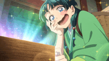 a girl with green hair and blue eyes is looking at something