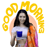 a woman is holding a cup of coffee with the words good morning surrounding her