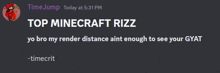 a screenshot of a discord conversation between timejump and rizz