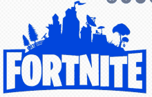 a blue fortnite logo with a castle and trees on it