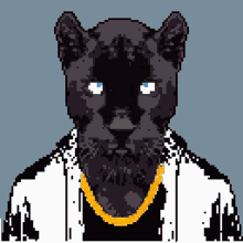 a pixel art of a black panther wearing a gold chain