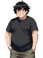 a man with his hands in his pockets is wearing a black t-shirt