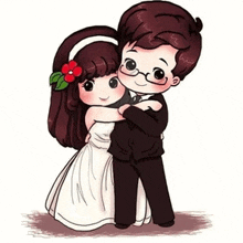 a bride and groom are hugging each other in a cartoon illustration .