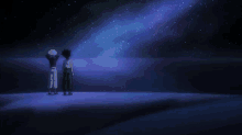 two anime characters are looking up at the stars in the sky