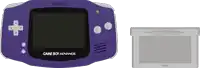 a purple game boy advance with a gray game boy advance case