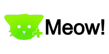 a logo for meow with a green cat and the word meow