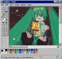 hatsune miku is holding a spongebob squarepants doll in a paint program