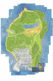 a map of a large island with mountains and a city