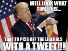 a picture of donald trump with the caption well look what time it is time to piss off the liberals with a tweet !!!