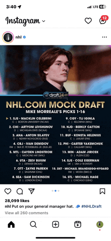 a phone screen shows a mock draft for the nhl