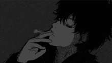 a black and white drawing of a man smoking a cigarette in the dark .