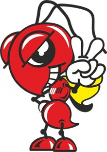 a red cartoon ant is holding a yellow object in its mouth and giving a peace sign .