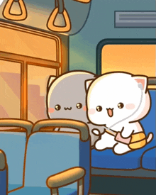 two cartoon cats are sitting on a bus looking at something