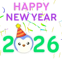 a penguin wearing a party hat with the number 2026