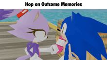 a cartoon of sonic and blaze with the words hop on outcome memories below them