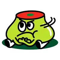 a cartoon illustration of a green object with an angry face on it