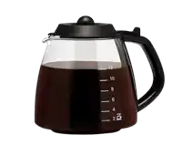 a glass coffee maker with a black handle and a measuring cup that says 12 oz