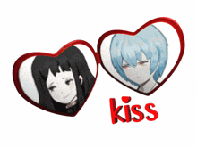 a couple of hearts with the word kiss in red