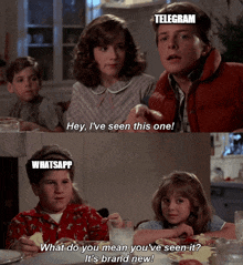 a back to the future meme shows a boy and two girls sitting at a table talking about whatsapp and telegram