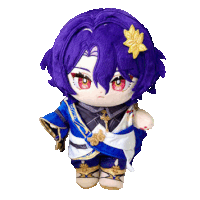 a stuffed doll with purple hair and a yellow flower on his head