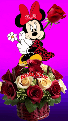 a cartoon of minnie mouse holding a red rose with the name anita cruz on the bottom