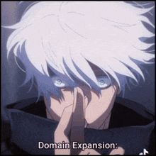 a white haired anime character with the words domain expansion written below him