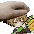 a cartoon character is holding a green stick and a hand is putting a hat on her head .