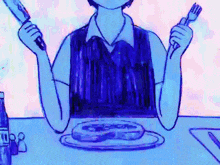 a drawing of a person holding a knife and fork while sitting at a table .