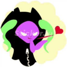 a cartoon drawing of a purple alien with green hair holding a red heart