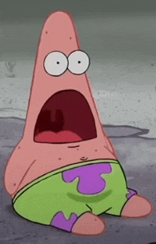 patrick star from spongebob squarepants is making a surprised face with his mouth open .