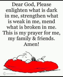 a cartoon of snoopy laying on a red blanket with a prayer for his family and friends .