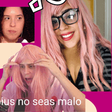 a woman with pink hair and glasses says " ius no seas malo " on the bottom