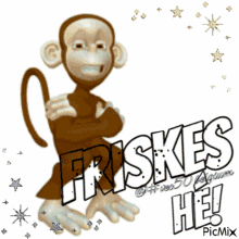 a picture of a monkey and the words friskes he