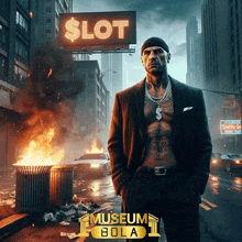 a man in a suit stands in front of a billboard that says slot