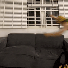 a black couch in front of a window with blinds on it