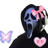 a scream mask with a pink bow on it