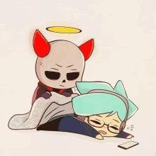 a cartoon drawing of a skeleton with red horns and a girl with blue hair