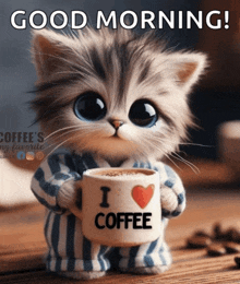 a kitten in pajamas is holding a cup of coffee that says " i love coffee "