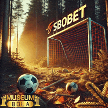 a soccer goal with a soccer ball in front of it and a sign that says ' sbobet ' on it