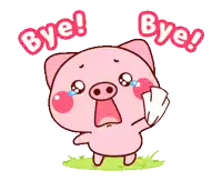 a cartoon pig is crying and holding a piece of paper with the words bye below it
