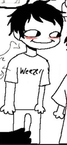 a drawing of a boy wearing a shirt that says weezer