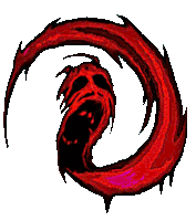 a drawing of a red swirl with a skull in the middle