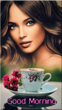 a picture of a woman with a cup of coffee and flowers with the words good morning