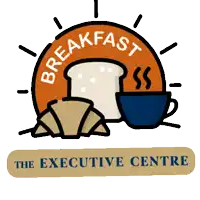 a logo for breakfast at the executive centre with a croissant and a cup of coffee