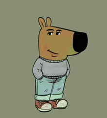 a cartoon dog wearing a grey sweater and blue jeans