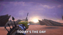 a video game character says today 's the day in front of a sunset