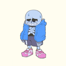 a cartoon drawing of a skeleton wearing a blue hoodie and pink shoes