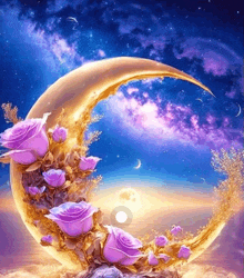 a crescent moon is decorated with purple roses